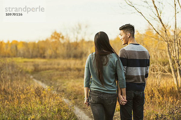 Ein junges asiatisches Paar hält sich an den Händen  während es im Herbst in einem Park spazieren geht und die Wärme der Abendsonne genießt; Edmonton  Alberta  Kanada'.