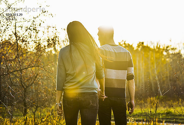 Ein junges asiatisches Paar hält sich an den Händen  während es im Herbst in einem Park spazieren geht und die Wärme des Sonnenlichts am frühen Abend genießt; Edmonton  Alberta  Kanada'.