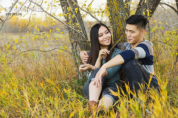Ein junges asiatisches Paar genießt die gemeinsame Zeit in einem Park im Herbst und setzt sich unter einen Baum  während sie ihn mit einem Grashalm an der Nase kitzelt; Edmonton  Alberta  Kanada'.