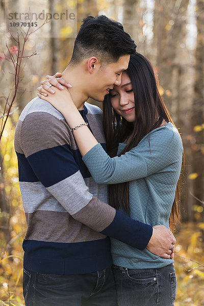 Ein junges asiatisches Paar genießt eine romantische Zeit im Freien in einem Park im Herbst und umarmt sich in der Wärme des Sonnenlichts; Edmonton  Alberta  Kanada'.