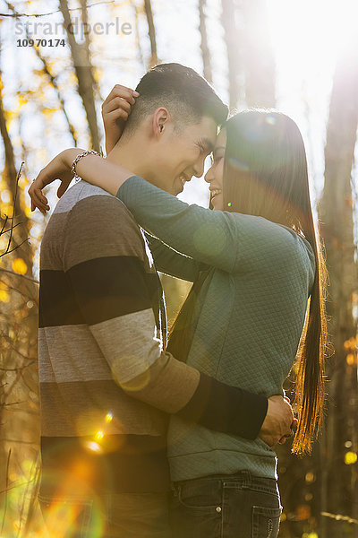 Ein junges asiatisches Paar genießt eine romantische Zeit im Freien in einem Park im Herbst und umarmt sich in der Wärme des Sonnenlichts am frühen Abend; Edmonton  Alberta  Kanada'.