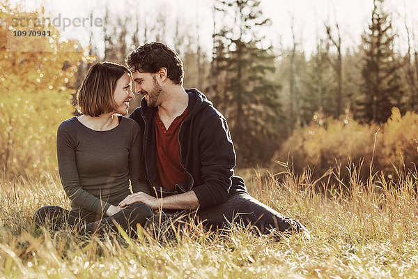 Ein junges Paar  das sich in die Augen schaut  während es eine romantische Zeit zusammen in einem Park im Herbst genießt; Edmonton  Alberta  Kanada