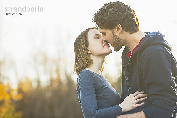 Ein junges Paar hält sich eng umschlungen und küsst sich in einem Stadtpark im Herbst; Edmonton  Alberta  Kanada'.