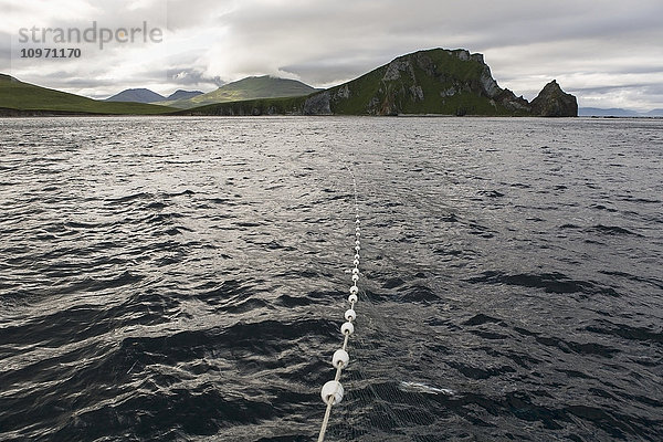 Ein Kiemennetz  das Lachse fängt  während es sich in Richtung Cape Pankoff auf der Insel Unimak ausdehnt; Alaska  Vereinigte Staaten von Amerika'.