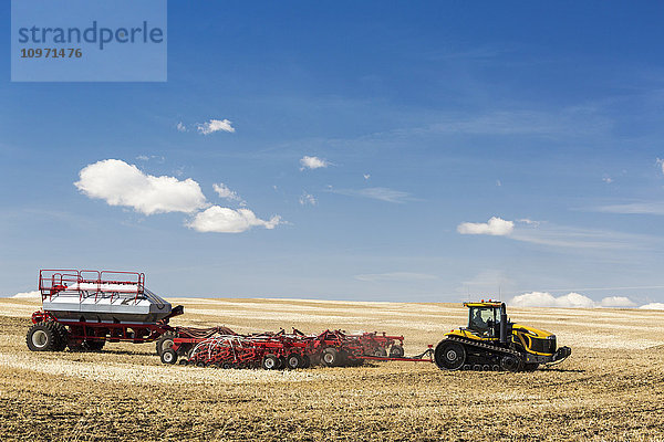 Traktor und Einzelkornsämaschine auf einem Stoppelfeld bei blauem Himmel und Wolken; Alberta  Kanada