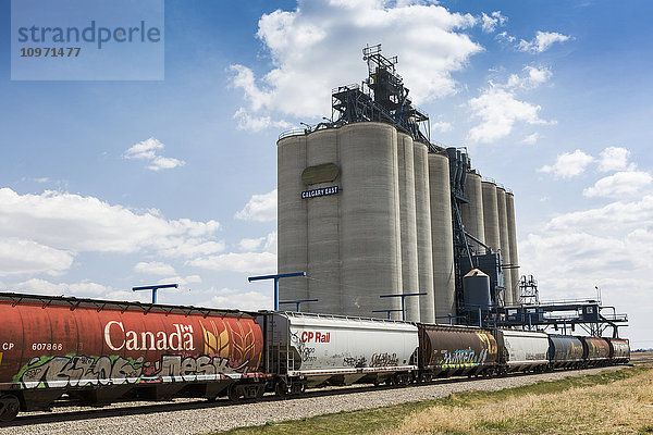 Eisenbahn-Getreidewagen vor einem großen Getreidesilo aus Beton mit blauem Himmel und Wolken; Alberta  Kanada