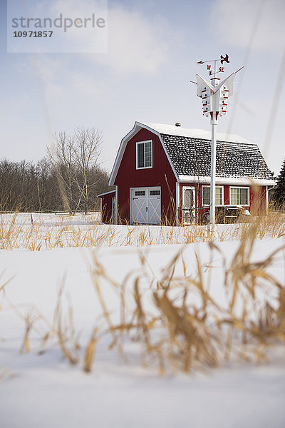 Ein rotes Scheunenhaus auf dem Land mit Gras und Schnee im Vordergrund; Winnipeg  Manitoba  Kanada