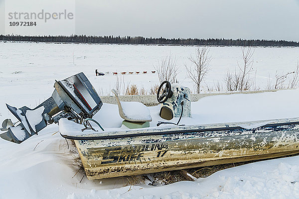 Marcelle Fessineau läuft den Yukon-Fluss hinunter  als sie den Tanana-Kontrollpunkt mit einem schneebedeckten Skiff im Vordergrund verlässt  2015 Iditarod  Inner-Alaska