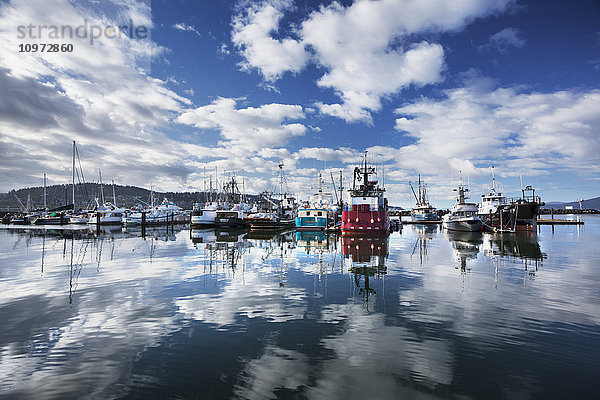 Blick auf Wolken und Fischerboote  die sich im Hafen von Bellingham  Washington  USA  spiegeln