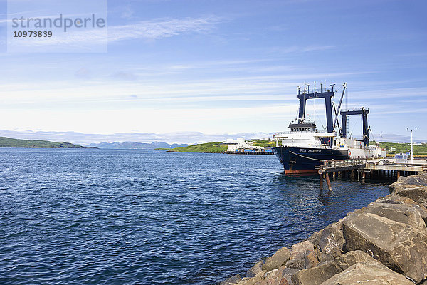 Ein großes Frachtschiff angedockt am Sand Point Harbor  Südwest-Alaska  USA  Sommer .