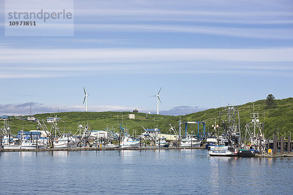 Sand Point Harbor mit Windturbinen im Hintergrund  Sand Point  Südwest-Alaska  USA  Sommer