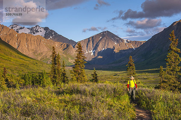 Ein Mann beim Wandern in South Fork in der Nähe von Eagle River an einem Sommertag in Süd-Zentral-Alaska.