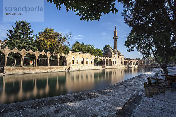 Die Kammer Abrahams und ein Minarett spiegeln sich im ruhigen Wasser eines Sees; Sanliurfa  Türkei'.