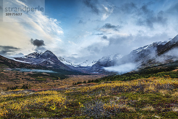 Herbstlandschaft aus Tundra und Weiden mit schneebedeckten Chugach Mountains und Powerline Pass im Glen Alps Gebiet von Anchorage  Chugach State Park  Southcentral Alaska