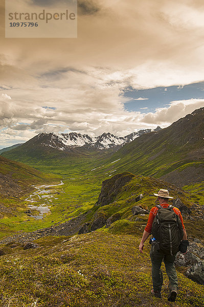 Mann wandert auf dem Reed Lakes Trail im Archangel Valley  Talkeetna Mountains  Southcentral Alaska  Sommer