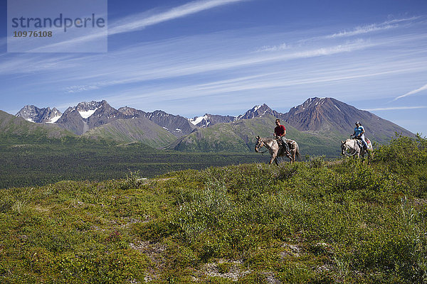 Besucher auf dem Pferderücken reiten von der Rainy Pass Lodge mit der Alaska Range im Hintergrund  Süd-Zentral-Alaska  Sommer