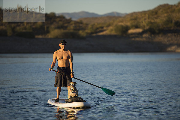 Stand Up Paddle Boarding auf dem ruhigen Lake Pleasant; Arizona  Vereinigte Staaten von Amerika'.
