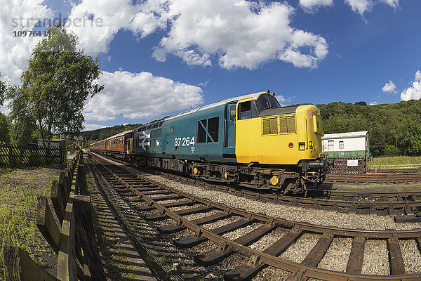 Bunte Lokomotive eines Personenzugs auf den Gleisen; Ainthorpe  North Yorkshire  England