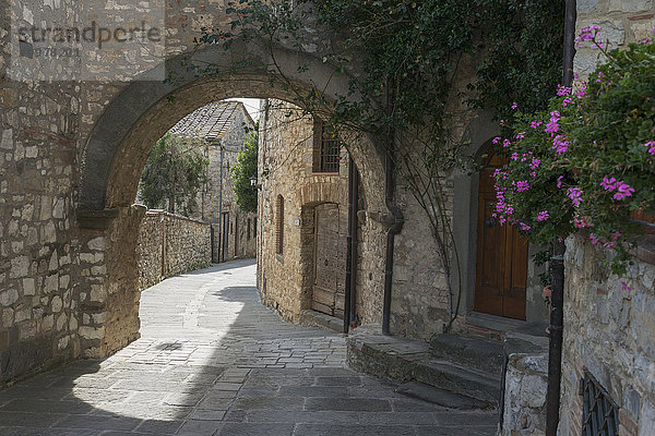 Spaziergang vorbei an Steinmauern und einem Torbogen durch Wohngebäude; Gaiole in Chianti  Toskana  Italien'.