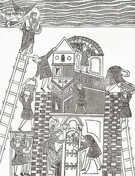 Bau des Turms von Babel  nach einem sächsischen Manuskript. Aus Cassell's History of England  veröffentlicht ca. 1901