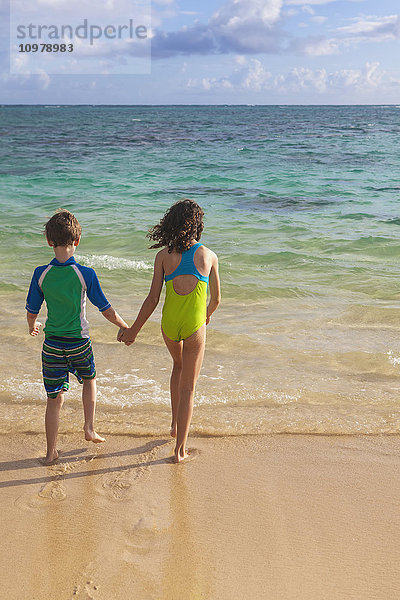 Bruder und Schwester halten sich an den Händen und gehen am Strand ins Wasser; Kailua  Insel Hawaii  Hawaii  Vereinigte Staaten von Amerika'.