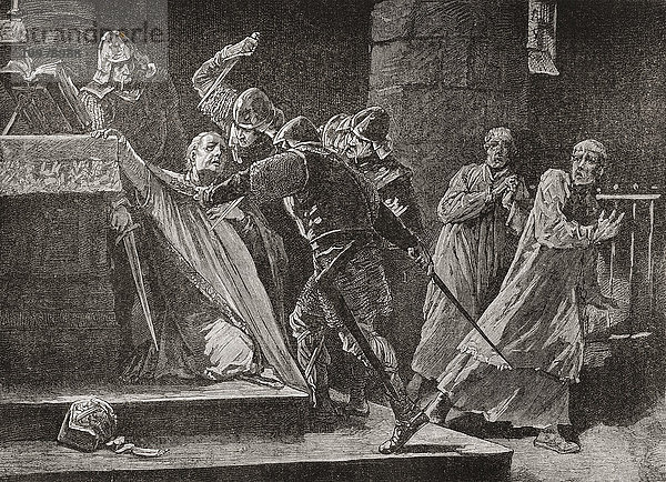 Die Ermordung von Thomas Becket in der Kathedrale von Canterbury. Thomas Becket  auch bekannt als der Heilige Thomas von Canterbury  Thomas von London und später Thomas à Becket  ca. 1118 oder 1120 - 1170. Erzbischof von Canterbury. Aus Cassell's History of England  veröffentlicht ca. 1901