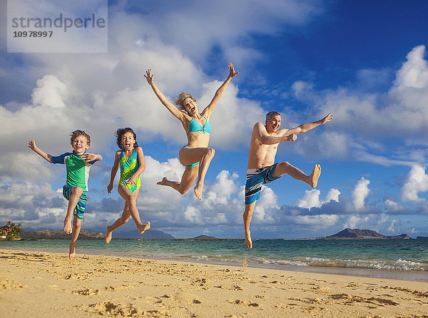 Eine vierköpfige Familie am Strand auf einer hawaiianischen Insel; Kailua  Insel Hawaii  Hawaii  Vereinigte Staaten von Amerika'.
