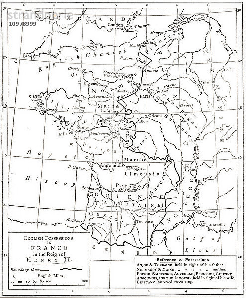 Karte der englischen Besitzungen in Frankreich während der Herrschaft von Heinrich II. im Jahr 1189. Aus Cassell's History of England  veröffentlicht ca. 1901