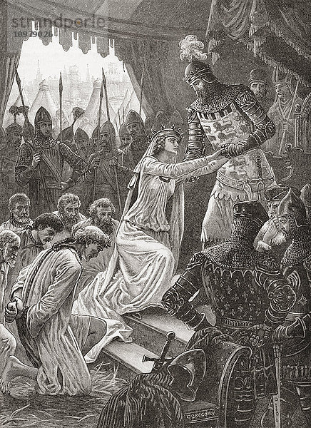 Philippa von Hennegau  die ihren Ehemann  König Edward III.  überredet  das Leben der Bürger von Calais 1347 zu verschonen. Philippa von Hennegau  1314 -1369. Königin von England als Ehefrau von König Edward III. Aus Cassell's History of England  veröffentlicht ca. 1901