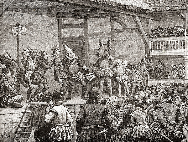 Eine Szene aus dem Stück Sommernachtstraum von William Shakespeare im Globe Theater. Aus der Jahrhundertausgabe von Cassell's History of England  veröffentlicht 1901.