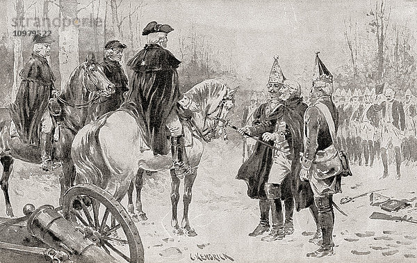 Oberst Rahl ergibt sich George Washington in der Schlacht von Trenton am 26. Dezember 1776 während des Amerikanischen Revolutionskriegs. Aus The History of Our Country  veröffentlicht 1900.