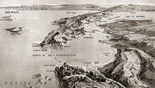 Zeichnung  die die große Gate-Forcing -Bewegung britischer und französischer Kriegsschiffe und die Verteidigungsanlagen der Dardanellen während des Ersten Weltkriegs zeigt. Aus The Illustrated War News  veröffentlicht 1915.'