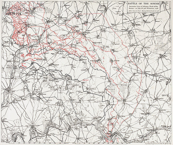 Karte der Schlacht an der Somme bzw. der Somme-Offensive im Ersten Weltkrieg. Die aufeinanderfolgenden Linien des britischen und französischen Vormarsches sind in schwarzer Farbe dargestellt  die deutschen Linien sind in rot und beziehen sich auf die gesamte Schlacht vom 1. Juli 1916 bis zum 30. November 1916.