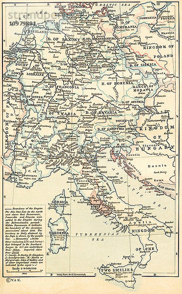 Karte des Heiligen Römischen Reiches unter den Staufern  1138 - 1254. Aus Historischer Atlas  veröffentlicht 1923.