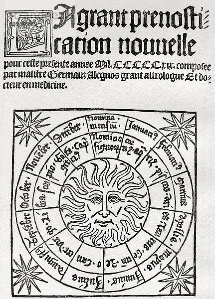 Astrologie im Mittelalter  Frontispiz zu einem astrologischen Handbuch aus dem 16. Aus Everybody's Book of Fate and Fortune  veröffentlicht 1935.