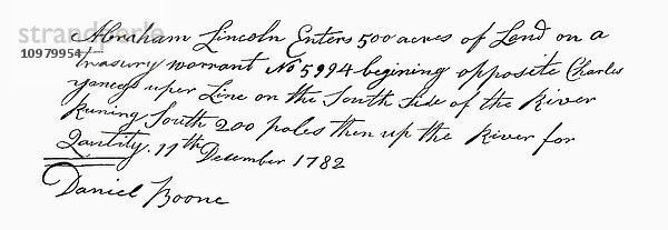 Faksimile aus dem Feldbuch von Daniel Boone  in dem der Lincoln Claim am Licking River aufgezeichnet ist. Aus The Century Magazine  veröffentlicht 1887.