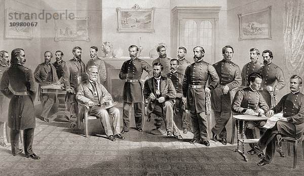 General Ulysses S. Grant (sitzend Mitte rechts) und General Robert E. Lee (sitzend Mitte links) mit ihren jeweiligen Stäben im Appomattox Courthouse  Virginia  wo General Lee die Armee von Nordvirginia kapitulierte und damit den amerikanischen Bürgerkrieg beendete. 9. April 1865.