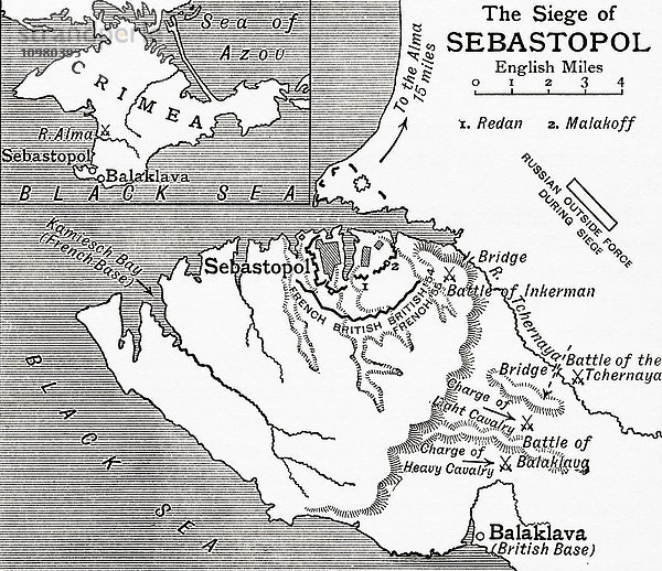 Karte der Belagerung von Sewastopol während des Krimkriegs  1854 bis 1855. Aus The Story of England  veröffentlicht 1930.