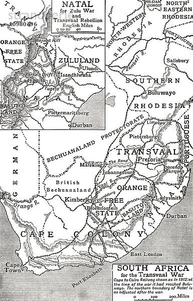 Karte Südafrikas zur Zeit des Transvaal-Krieges 1901. Aus The Story of England  veröffentlicht 1930.