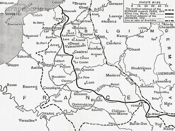 Karte mit den Vormarschlinien der Deutschen durch Frankreich während des Ersten Weltkriegs. Aus A First Book of British History  veröffentlicht 1925.