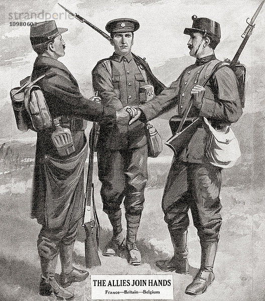 Alliierte Soldaten aus Frankreich  Großbritannien und Belgien reichen sich die Hände. Aus The War Illustrated Album Deluxe  veröffentlicht 1915.
