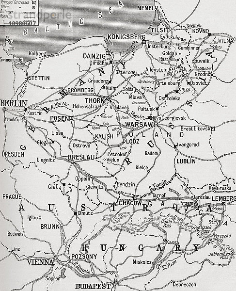 Karte  die das östliche Gebiet des großen Krieges zeigt. Aus The War Illustrated Album Deluxe  veröffentlicht 1915.
