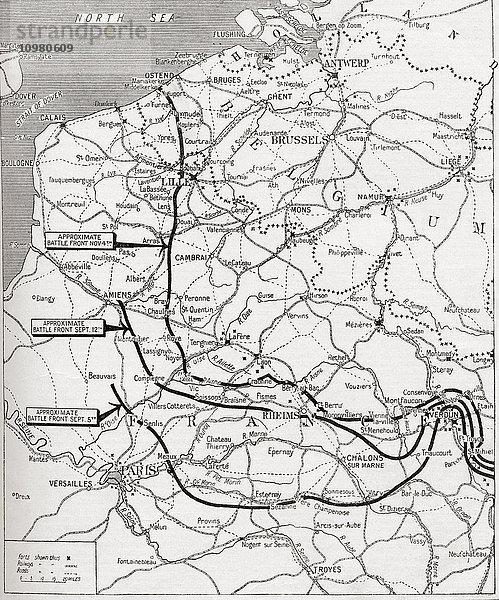 Die Karte zeigt den stetigen Vormarsch der Alliierten im Ersten Weltkrieg 1914. Aus The War Illustrated Album Deluxe  veröffentlicht 1915.