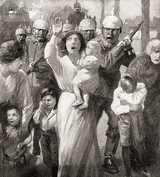 Deutsche Soldaten benutzen Frauen und Kinder als Schutzschild im Ersten Weltkrieg. Aus The War Illustrated Album Deluxe  veröffentlicht 1915.