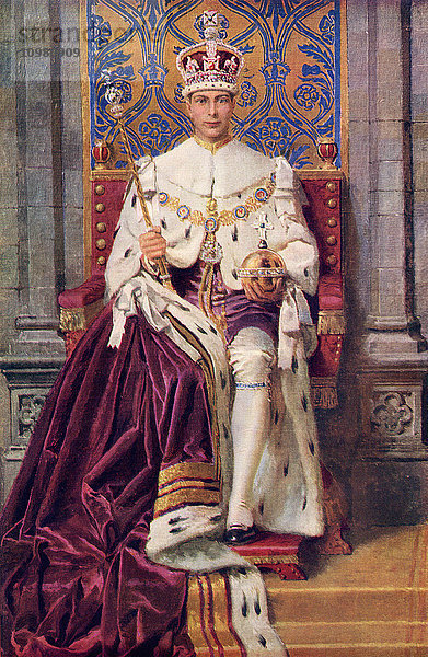 Der inthronisierte und gekrönte König. George VI  Albert Frederick Arthur George  1895 bis 1952. König des Vereinigten Königreichs. Aus The Sphere  Coronation Record Number  veröffentlicht 1937.'