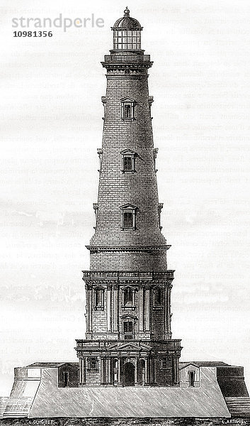 Der Leuchtturm von Cordouan aus dem 17. Jahrhundert in der Nähe der Mündung der Gironde in Frankreich. Hier zu sehen nach seiner Erweiterung im 18. Jahrhundert. Aus Les Merveilles de la Science  veröffentlicht um 1870