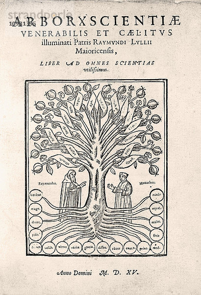 Titelblatt einer Ausgabe von 1505 von Der Baum der Wissenschaft (auch Arbre de la ciència oder Arbor Scientiae oder Arborxscientiae genannt)  geschrieben vom mallorquinischen Philosophen Ramon Llull um 1295. Llull lebte von 1232 bis ca. 1315.