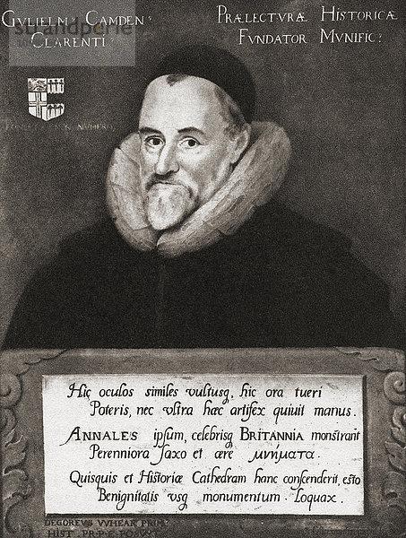 William Camden  1551 - 1623. Englischer Altertumsforscher  Historiker  Topograph und Herold. Nach dem Gemälde von Gheeraedts. Aus Impressionen der englischen Literatur  veröffentlicht 1944.
