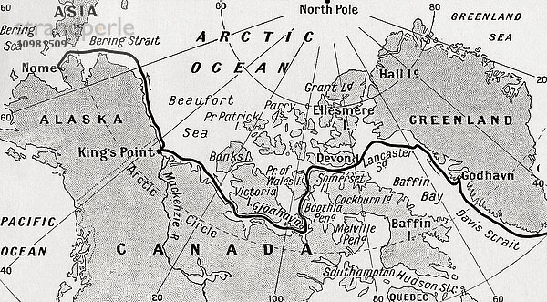 Karte mit der Route von Amundsens Reise durch die Nordwestpassage  1903-1906. Aus Heroes of Modern Adventure  veröffentlicht 1927