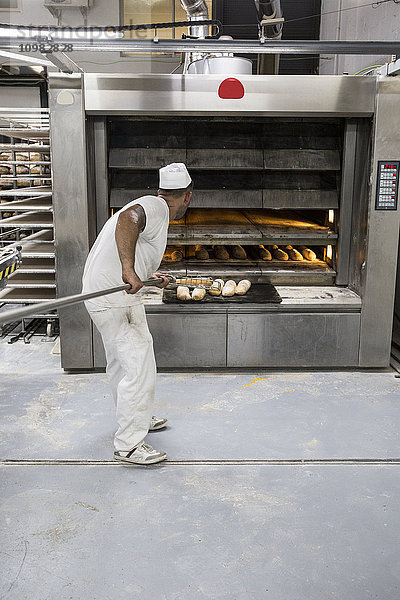 Bäcker  der frisch gebackenes Brot aus dem Ofen einer Bäckerei holt.